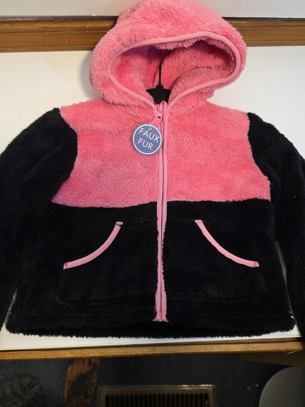 Girls' Faux Fur Hooded Zip Jacket - Pink and Black